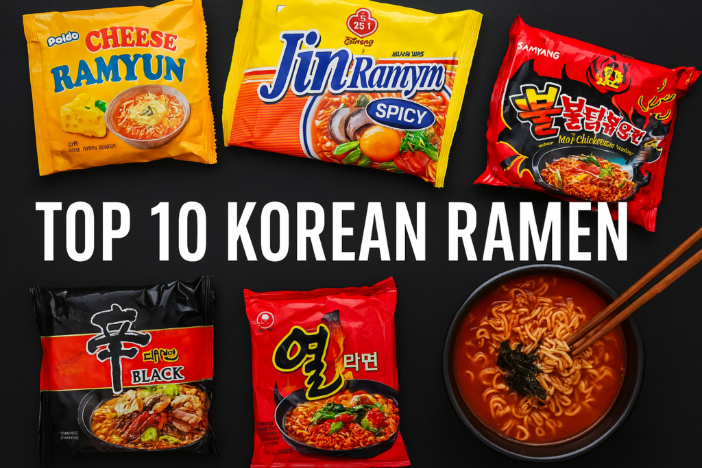 Top 10 Korean instant ramen including Shin Ramyun, Buldak, Jin Ramen, and Cheese Ramen with spicy noodle bowl